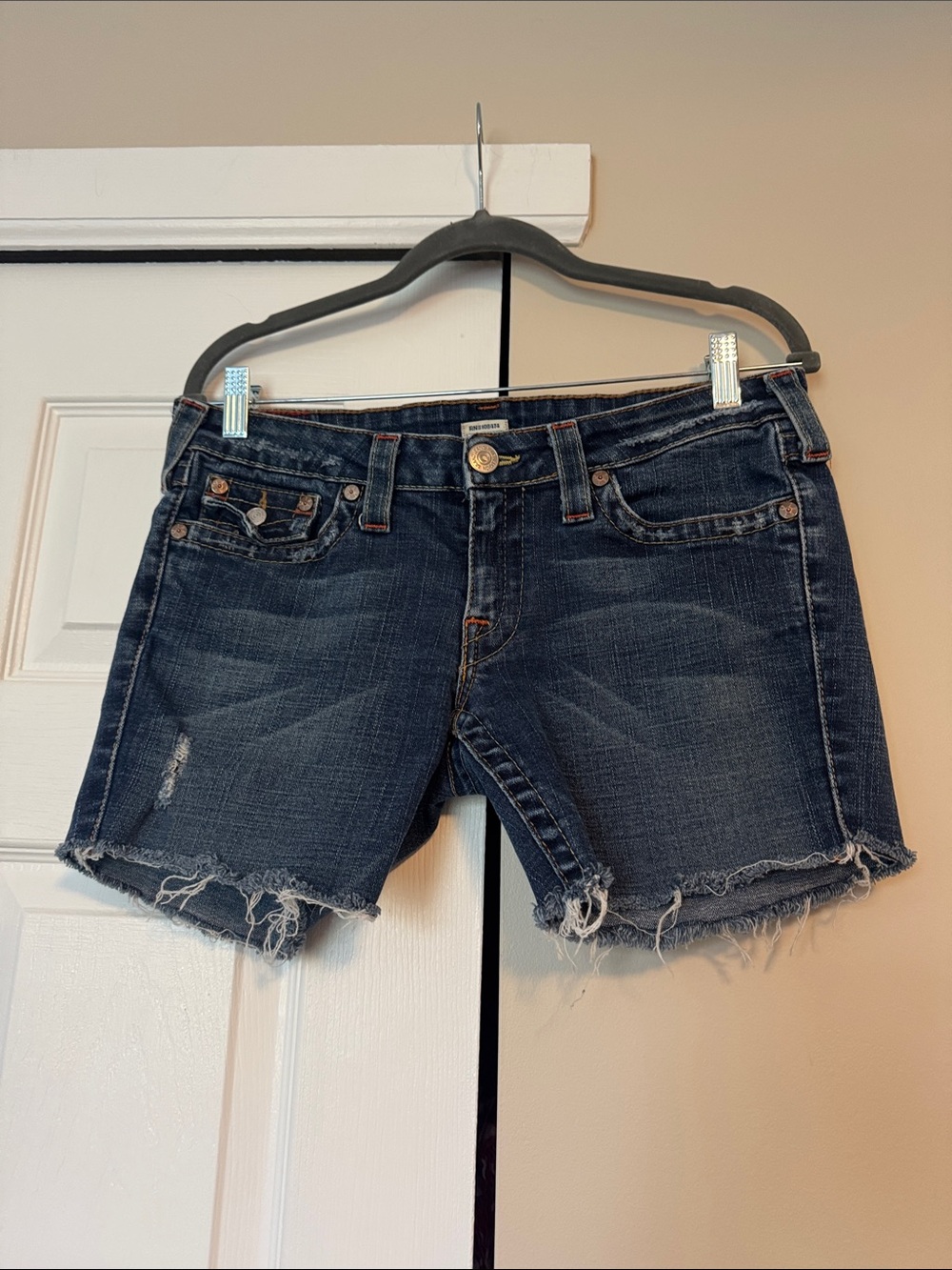 True Religion Dark Blue Distressed Denim Cutoff Shorts